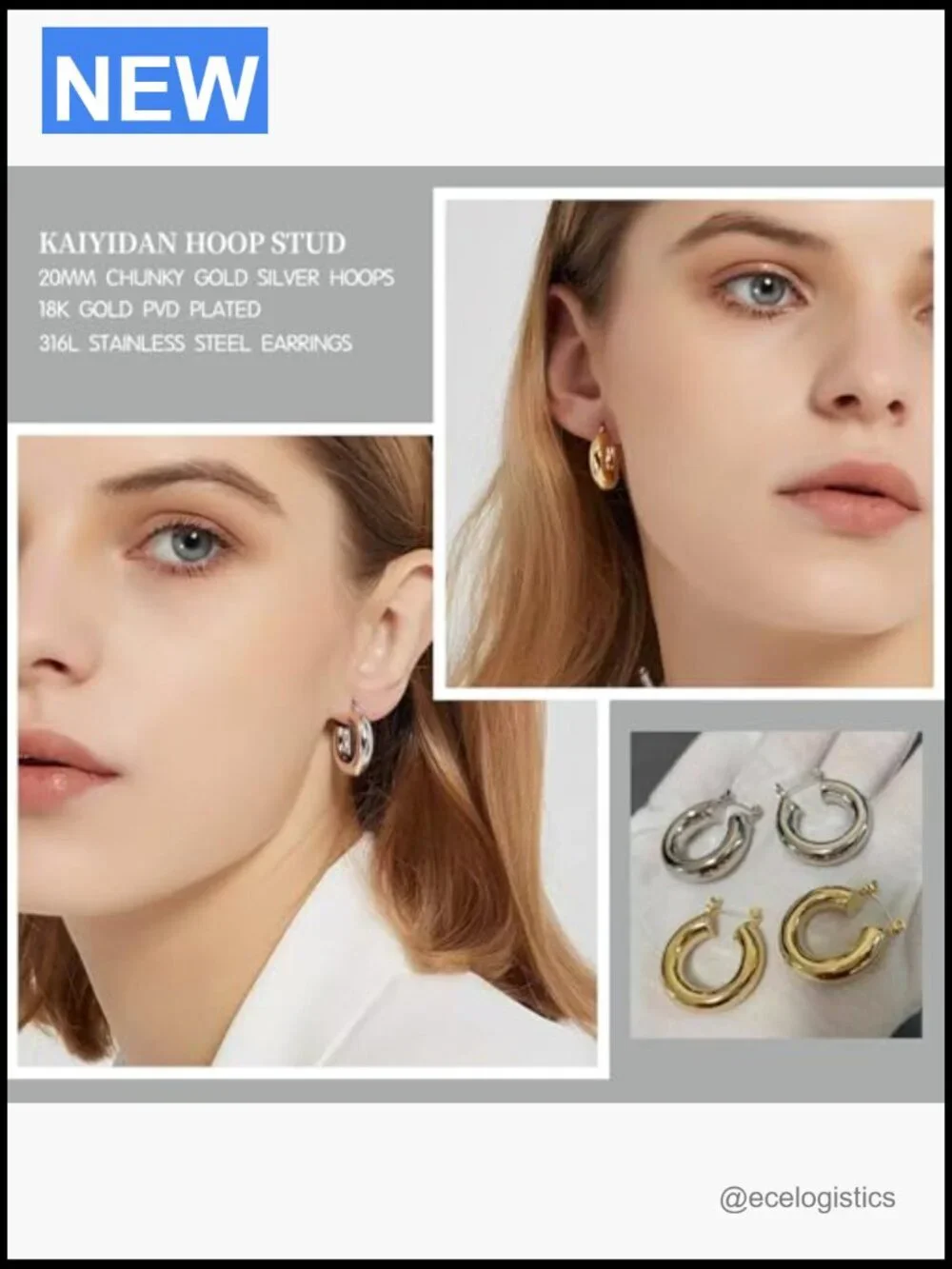 2 Pair Chunky Huggie Hoop Earrings Set Gold Silver Oval Twisted